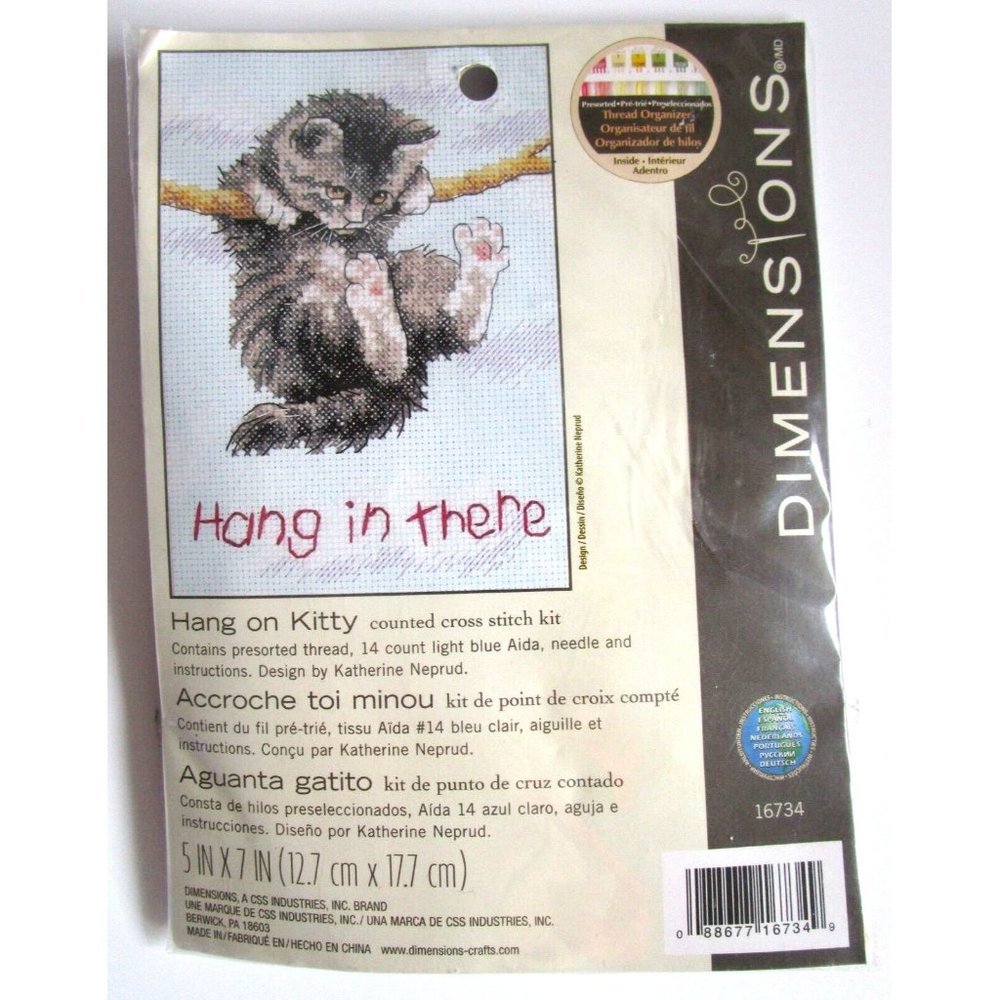 Dimensions - Hang on Kitty #16374 - Counted Cross Stitch Kit -New Unopened 5"x7"